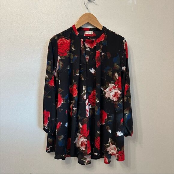 Altar'd State Tunic Blouse with Red Floral Design - Picture 1 of 3